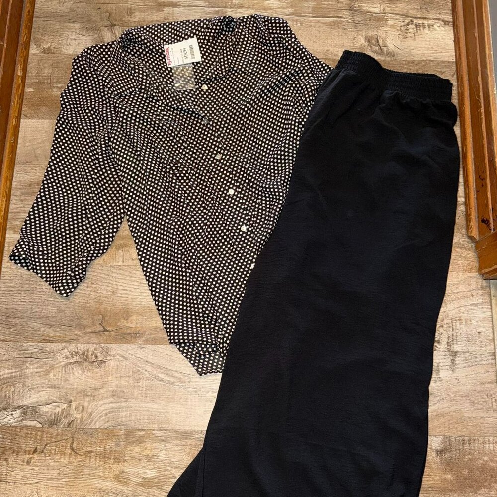 Classic Black & White Polka Dot Blouse & Wide Leg Pants - NEW 2X